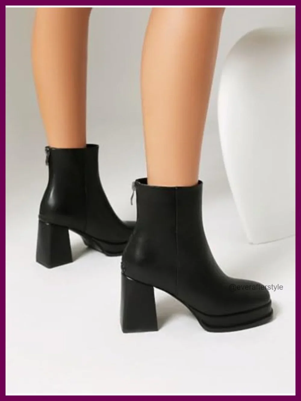 Chunky Platform Ankle Booties Square Toe Block Heel Zipper Faux Leather